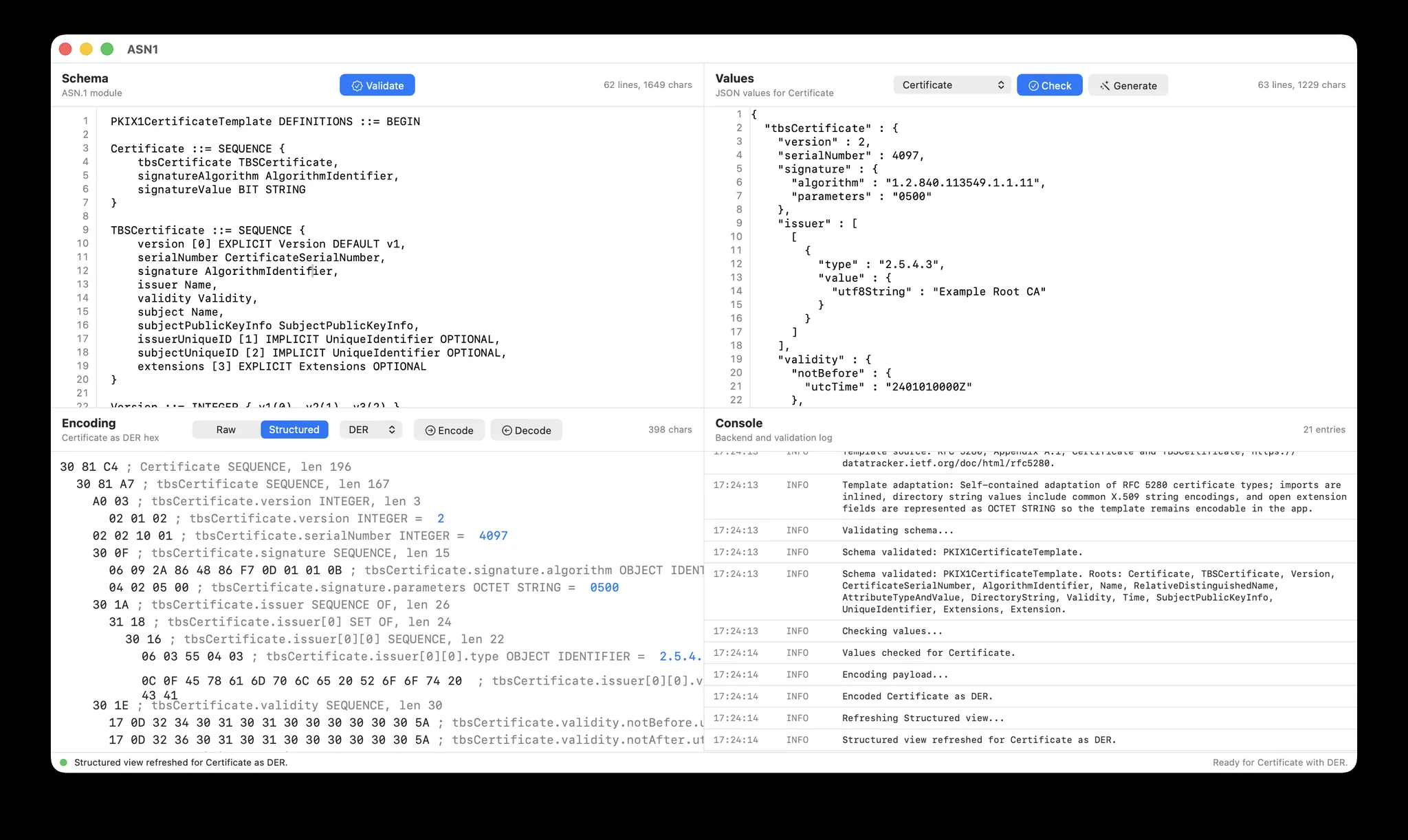 ASN1 workspace showing a schema, JSON value, encoded bytes, and diagnostics